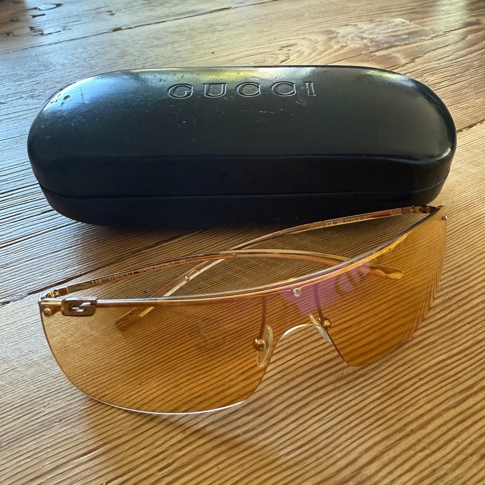 Gucci 1719 Rimless Shield Sunglasses, Gold with Rose Gold Tint Lens